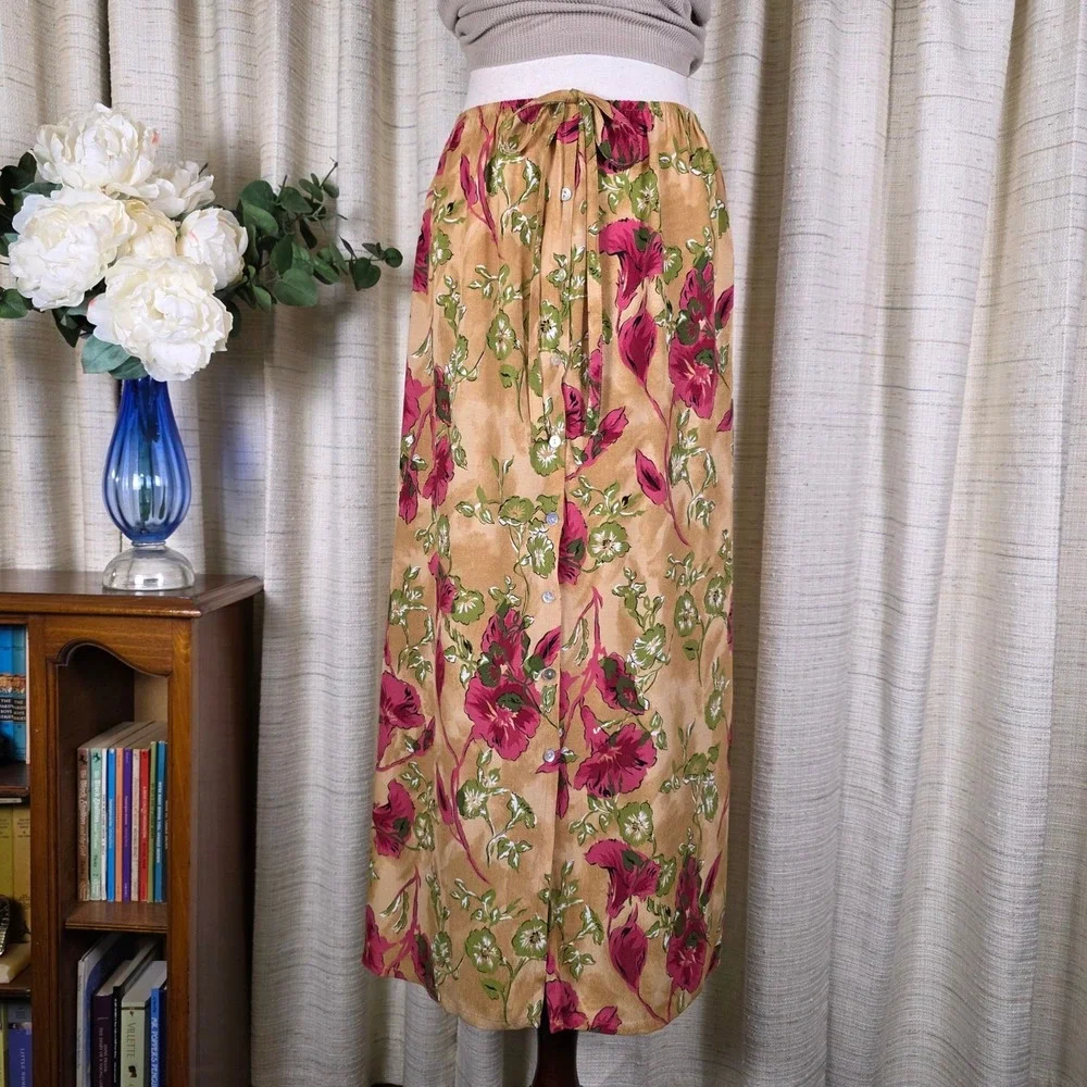 Vintage 90s Slip Skirt Size M‎ Floral Button Front Midi Soft Grunge Fairy Y2K